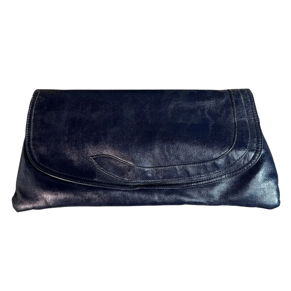 Vintage Navy Blue Leather Envelope Clutch Minimalist Evening Handbag Midnight